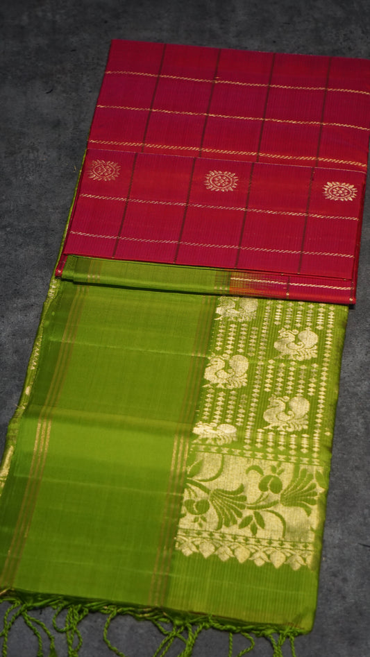 Soft Silk Saree Long Border Checks Green - Pink