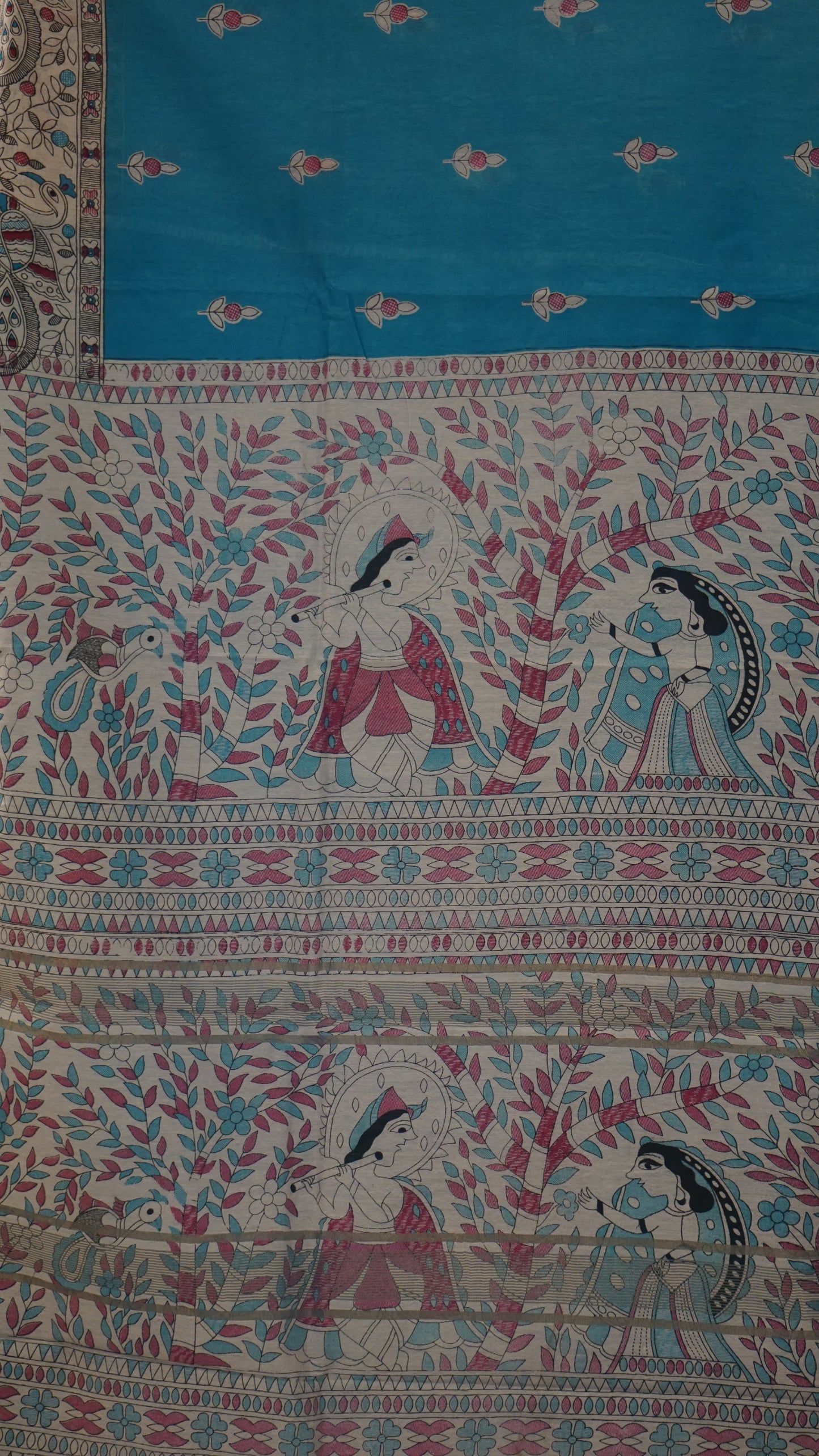 Semi Linen Blue Saree With Madhubani Print