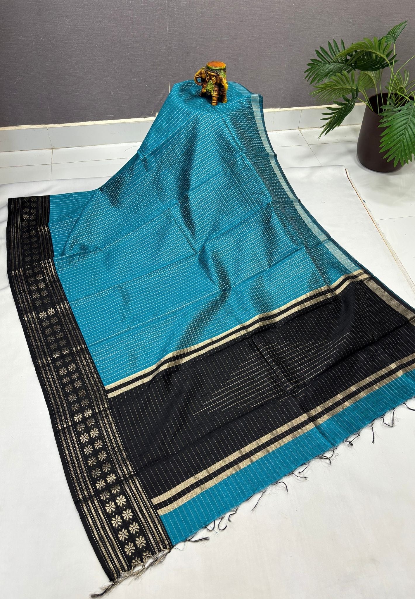 Raw Silk Saree-Ramar Blue in 1000 Butta with Contrast Zari Border