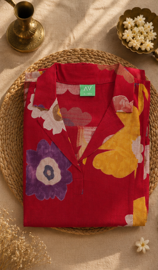 Collard Kurti -Red Floral