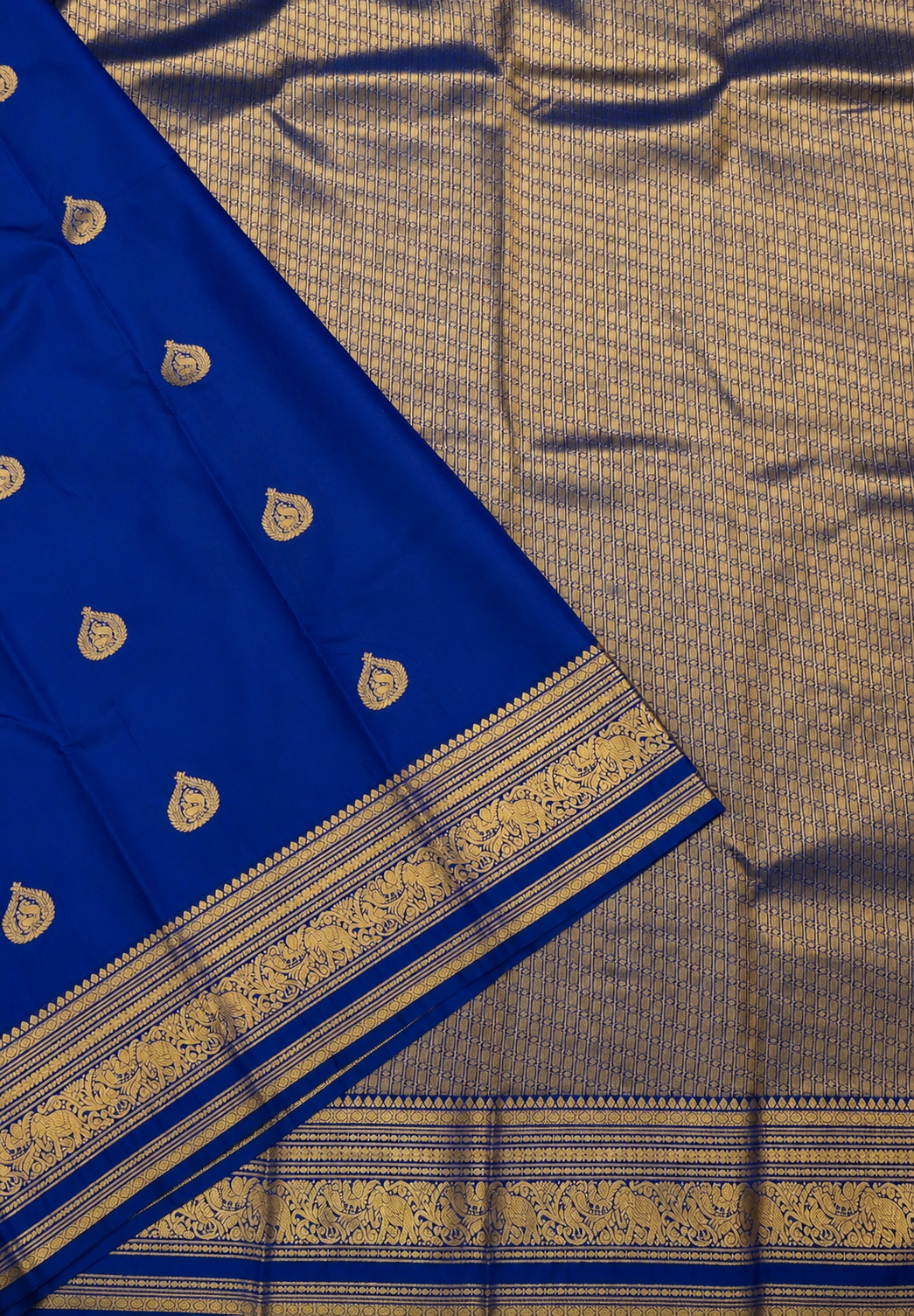Budget Kanchipuram Saree-Blue with Gaja Border
