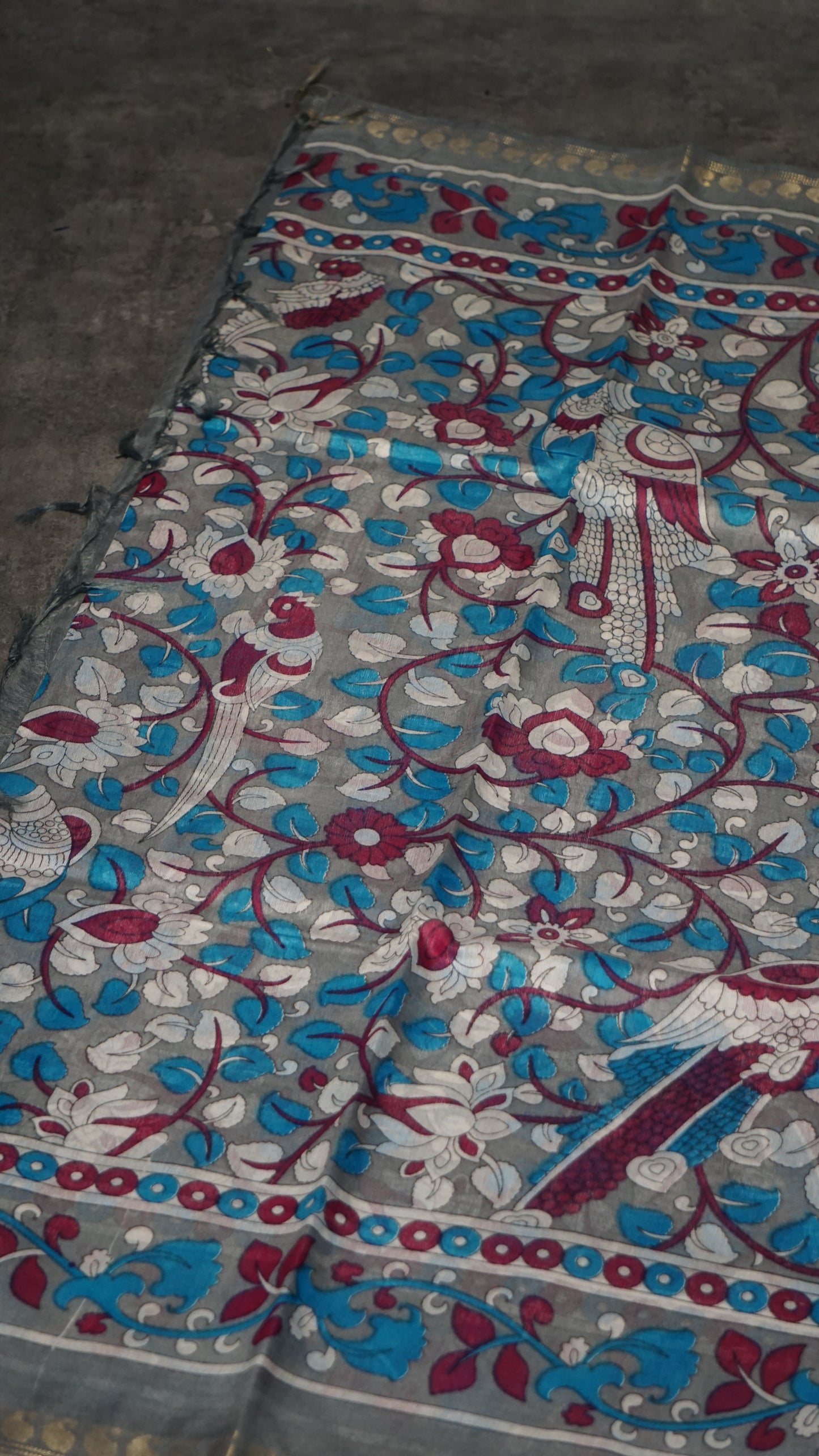 Semi Linen Kalamkari Saree Grey
