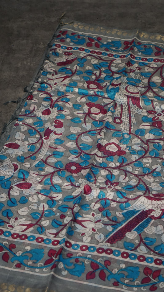 Semi Linen Kalamkari Saree Grey