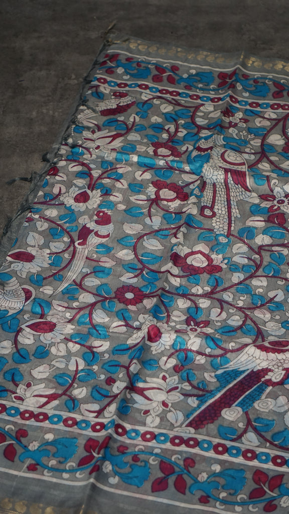 Semi Linen Kalamkari Saree Grey