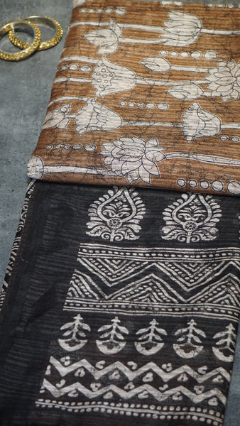 Jute Cotton Saree Lotus Print Brown