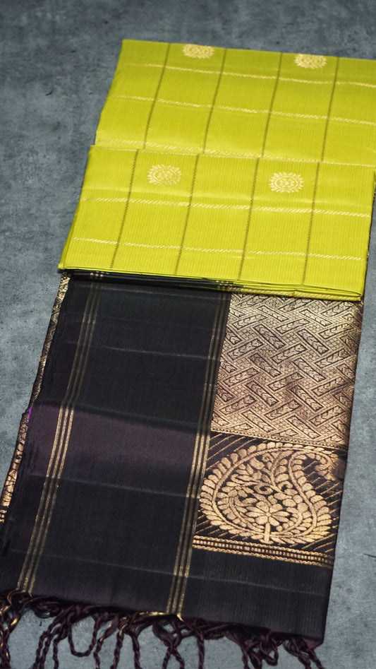 Soft Silk Saree Long Border Checks Light Green - Brown