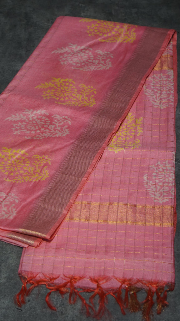 Bhagalpur Cotton Saree Checks Pink