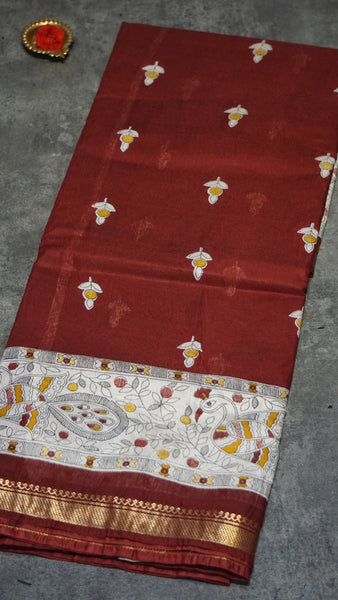 Semi Linen Maroon Saree With Madhubani Print