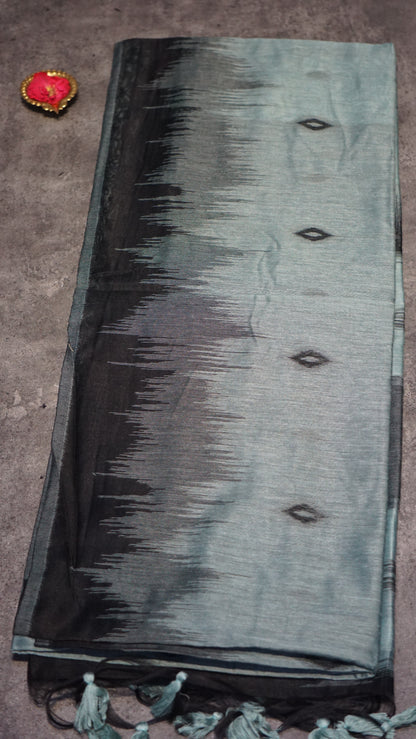 Munga Cotton Saree Ikkat Print Metallic Green