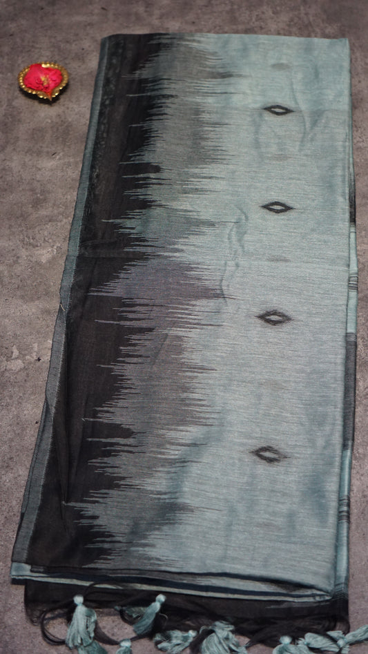 Munga Cotton Saree Ikkat Print Metallic Green