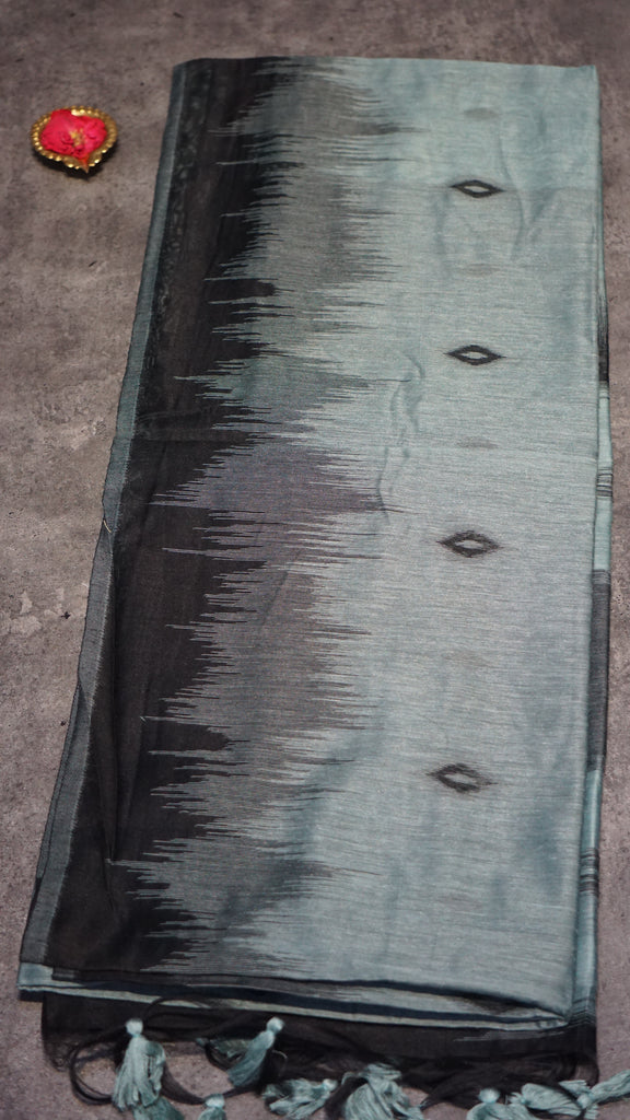 Munga Cotton Saree Ikkat Print Metallic Green