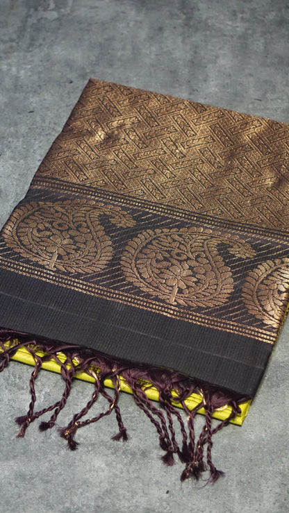 Pure Soft Silk Saree Long Border Checks Light Green - Brown