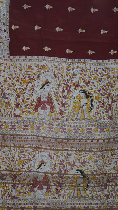Semi Linen Maroon Saree With Madhubani Print