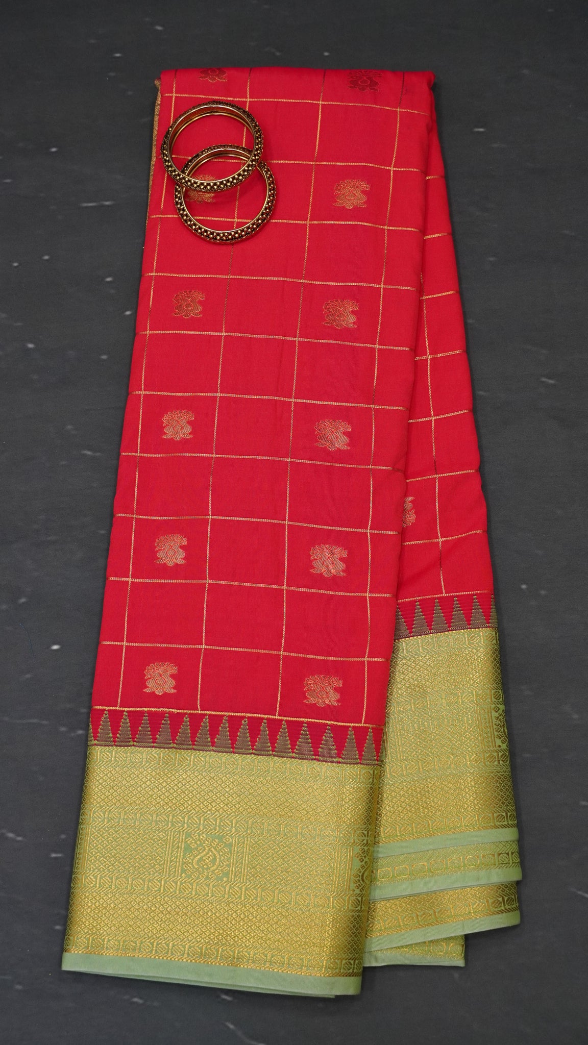 Semi Kanchipuram Silk Saree -Checkered pattern Red