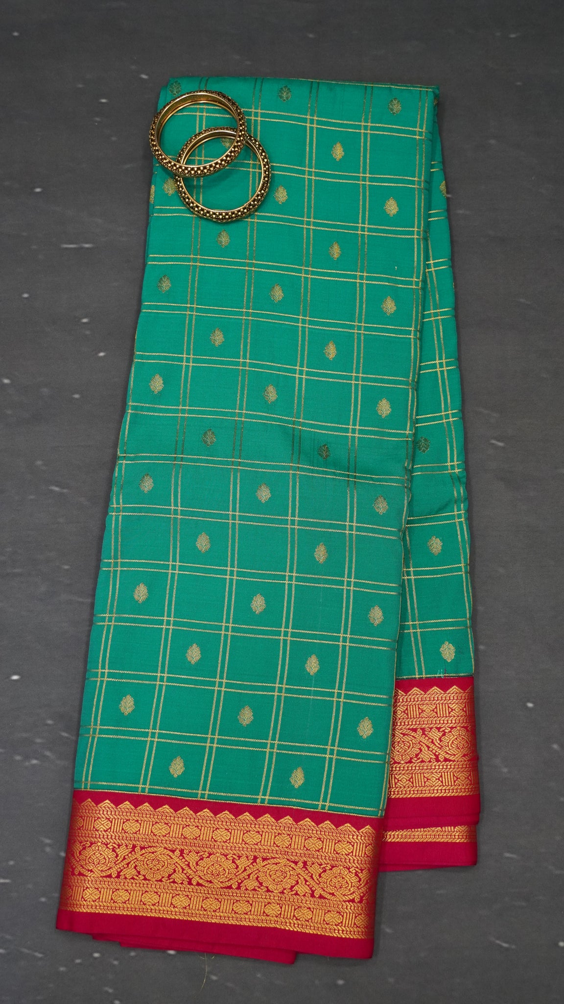 Semi Kanchipuram Silk Saree -Checkered pattern Sea Green