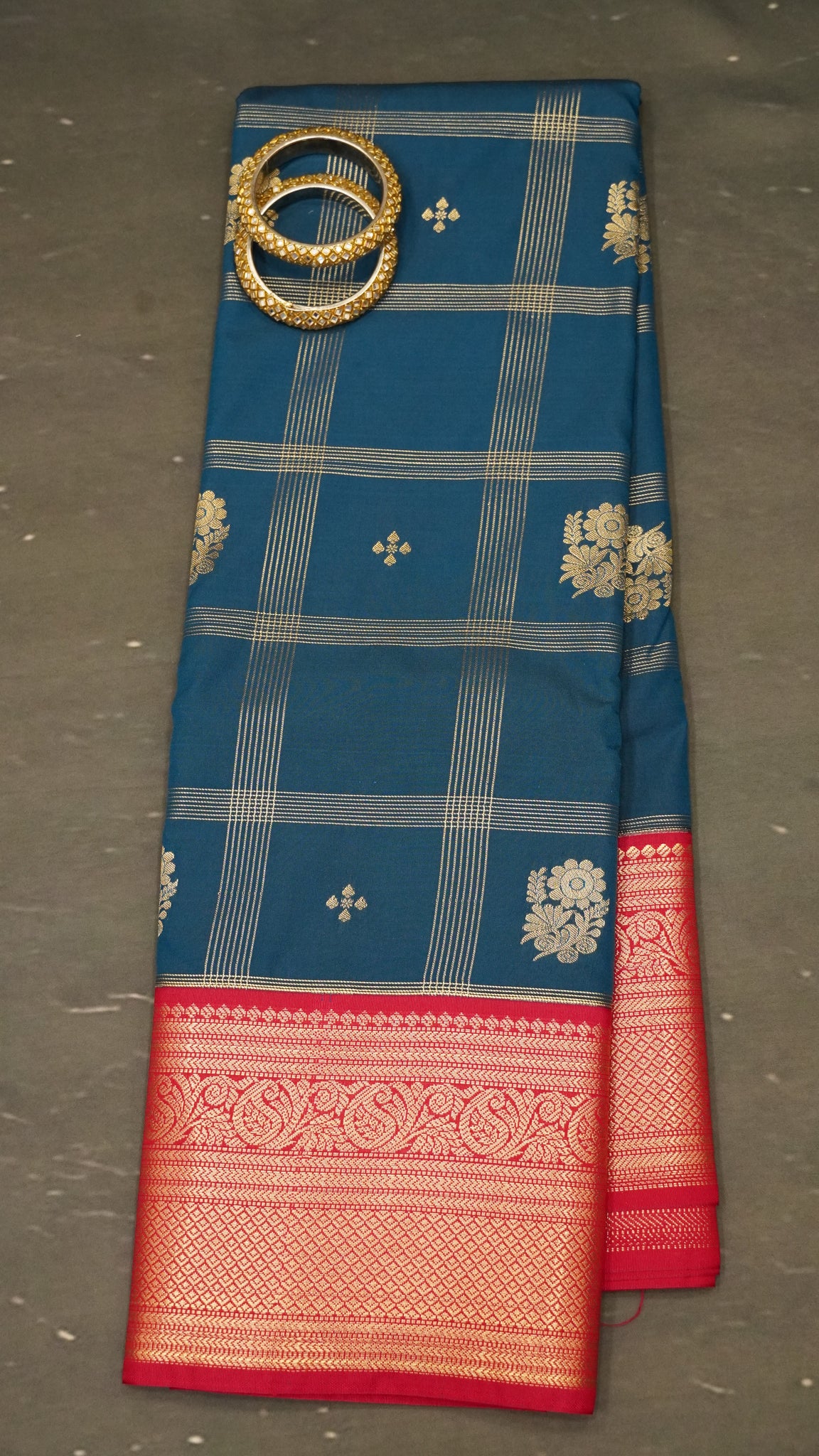 Semi Kanchipuram Silk Saree -Checkered pattern Peacock Blue