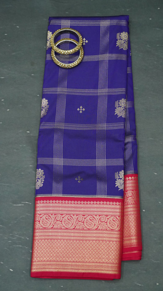 Semi Kanjivaram Silk Saree -Checkered pattern Purple
