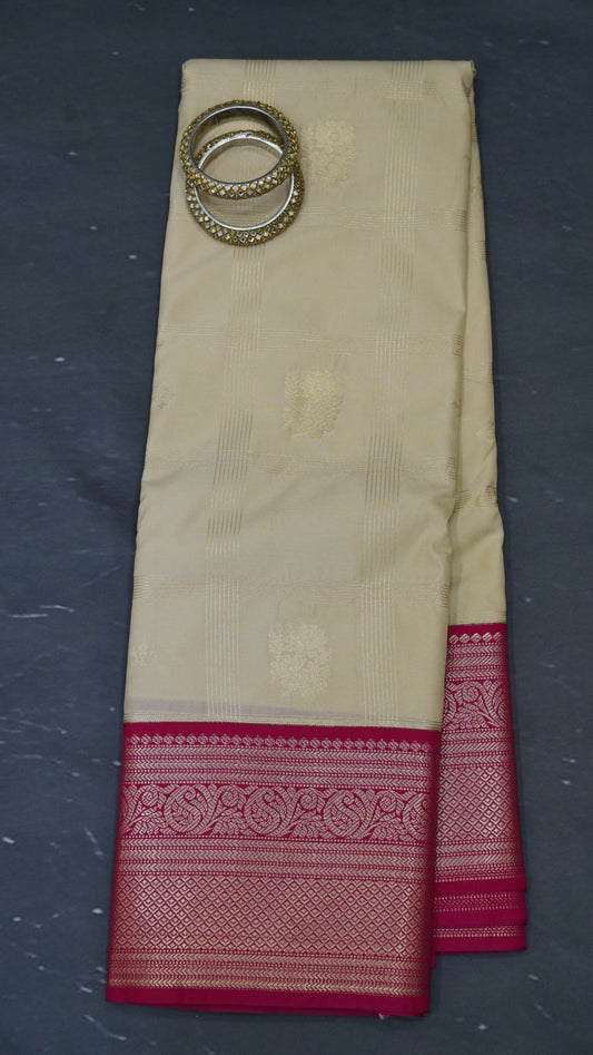 Semi Kanjivaram Silk Saree -Checkered pattern Cream