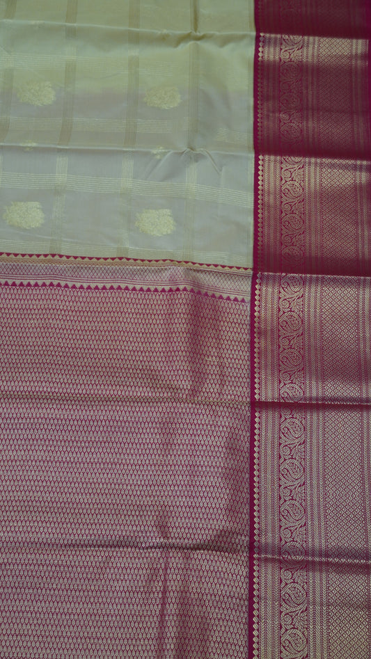 Semi Kanjivaram Silk Saree -Checkered pattern Cream
