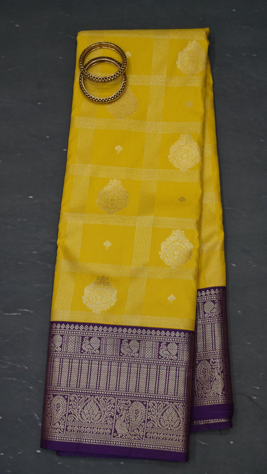 Semi Kanjivaram Silk Saree -Checkered pattern Yellow