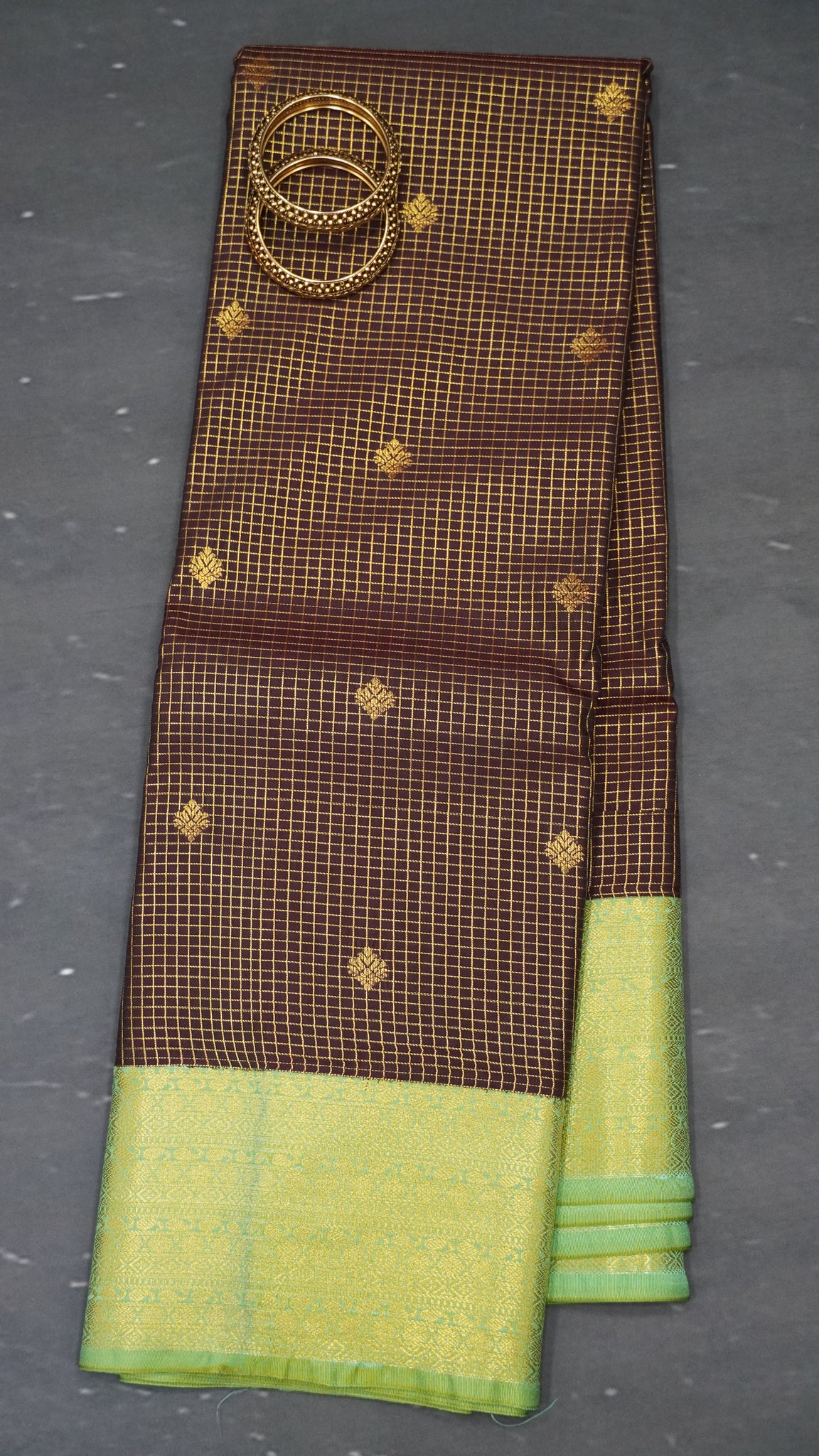 Semi Kanchipuram Silk Saree -Checks Butta Brown