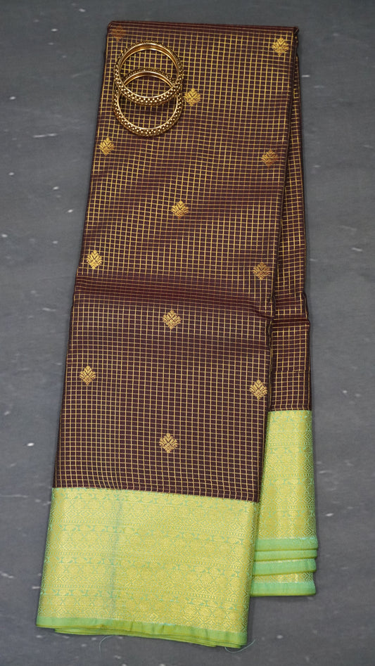 Semi Kanjivaram Silk Saree -Checks Butta Brown