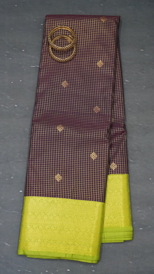 Semi Kanjivaram Silk Saree -Checks Butta Dark Purple