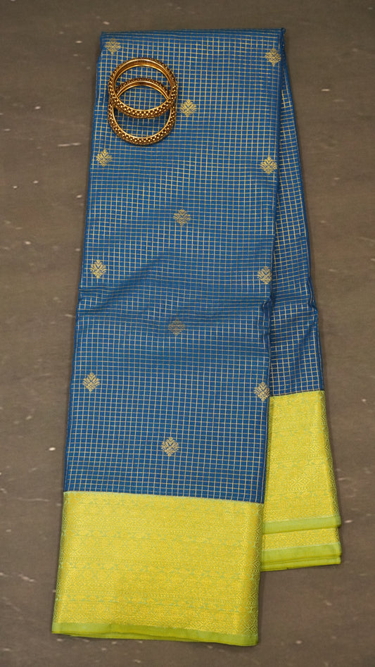 Semi Kanjivaram Silk Saree -Checks Butta Peacock Blue