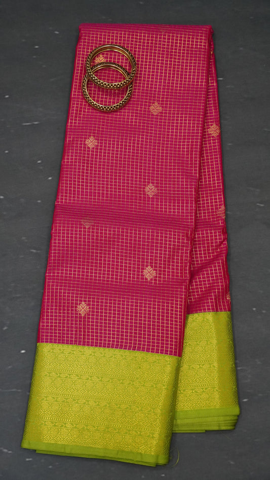 Semi Kanjivaram Silk Saree -Checks Butta Rani Pink