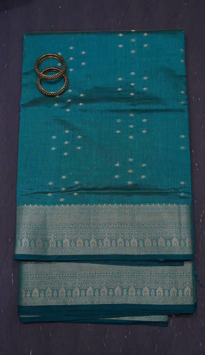 Semi Tussar Saree - Kolam Buta Peacock Green
