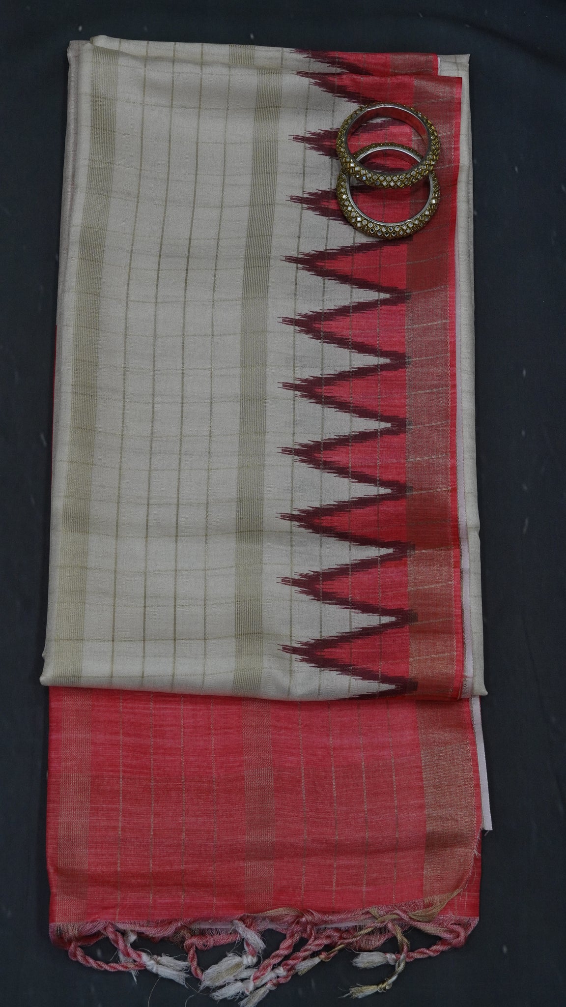 Semi Tussar Saree - Tower Border Peach Pink