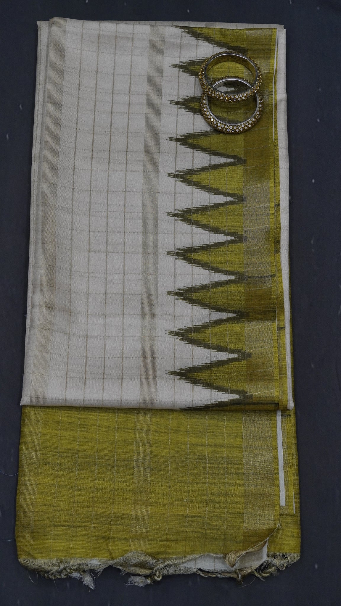 Semi Tussar Saree - Tower Border Green