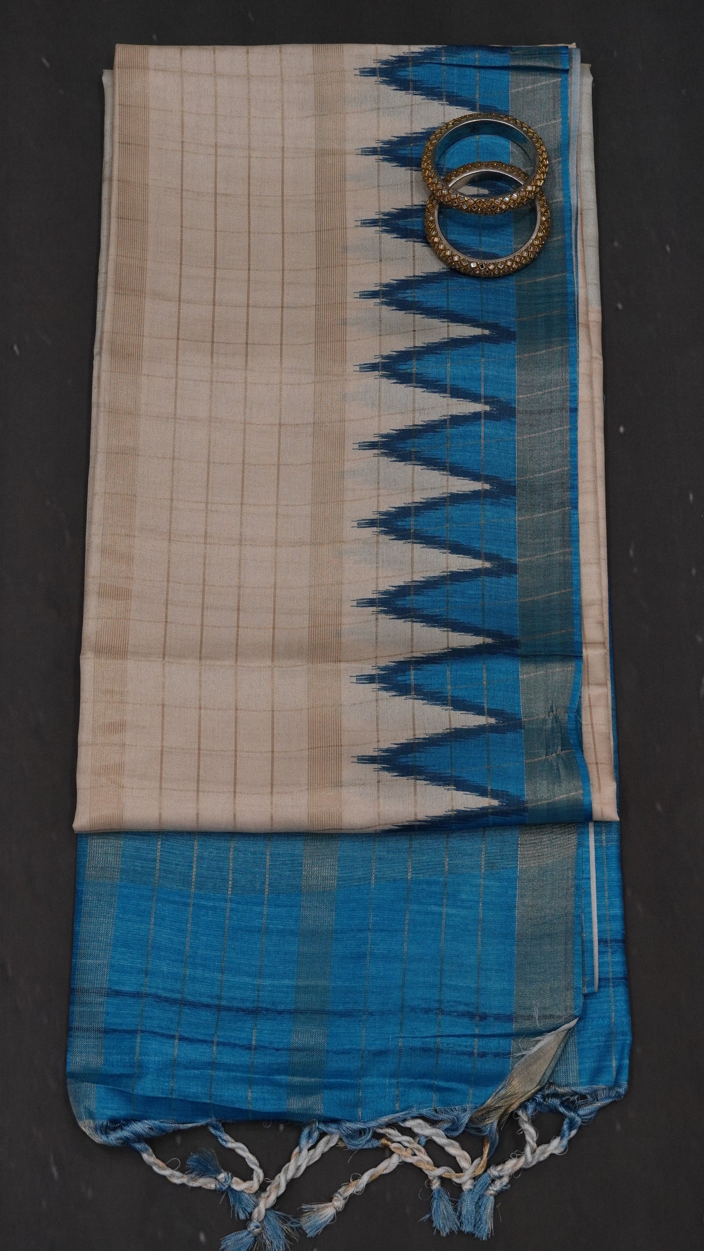 Semi Tussar Saree - Tower Border Sky Blue