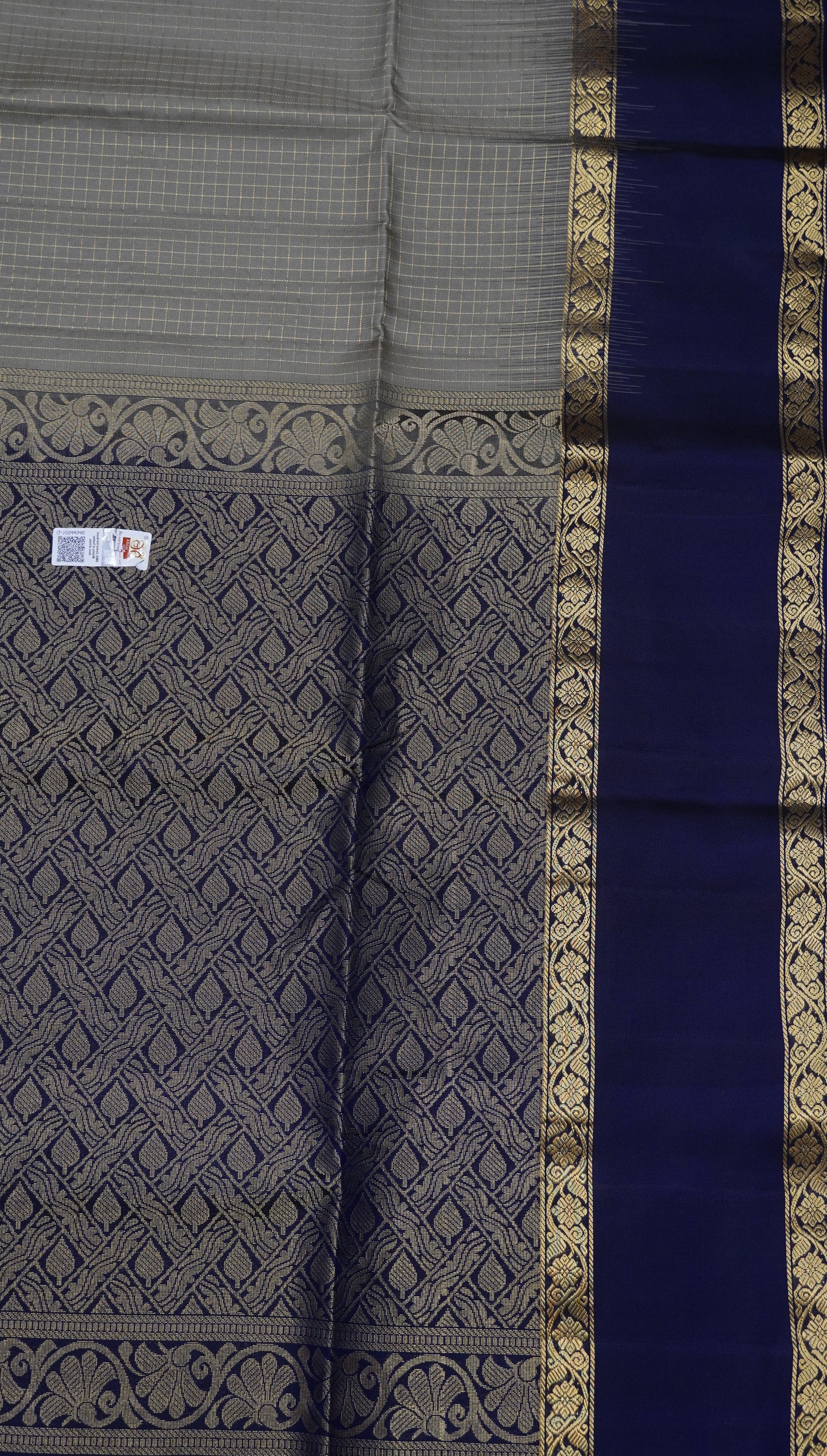 Pure Kanjivaram Silk Saree - Grey - Navy Blue
