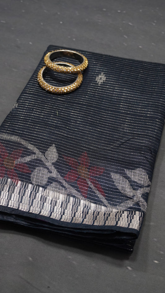 Semi Chanderi Saree-Space Blue