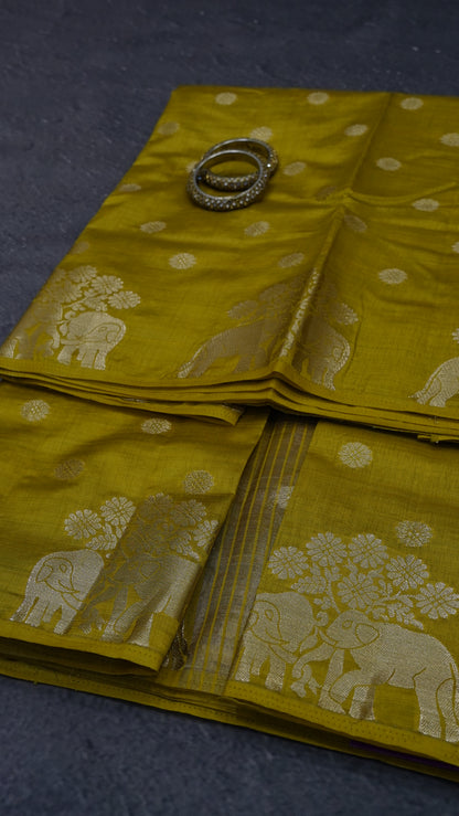 Semi Tussar Saree - Elephant Butta- Mehandi Green