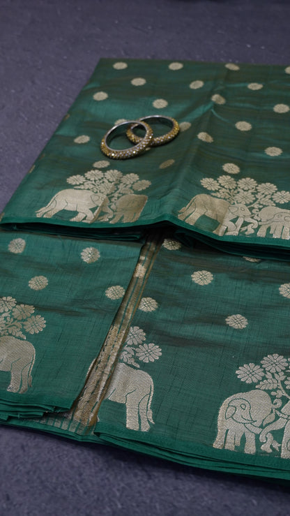 Semi Tussar Saree - Elephant Butta- Metallic Green
