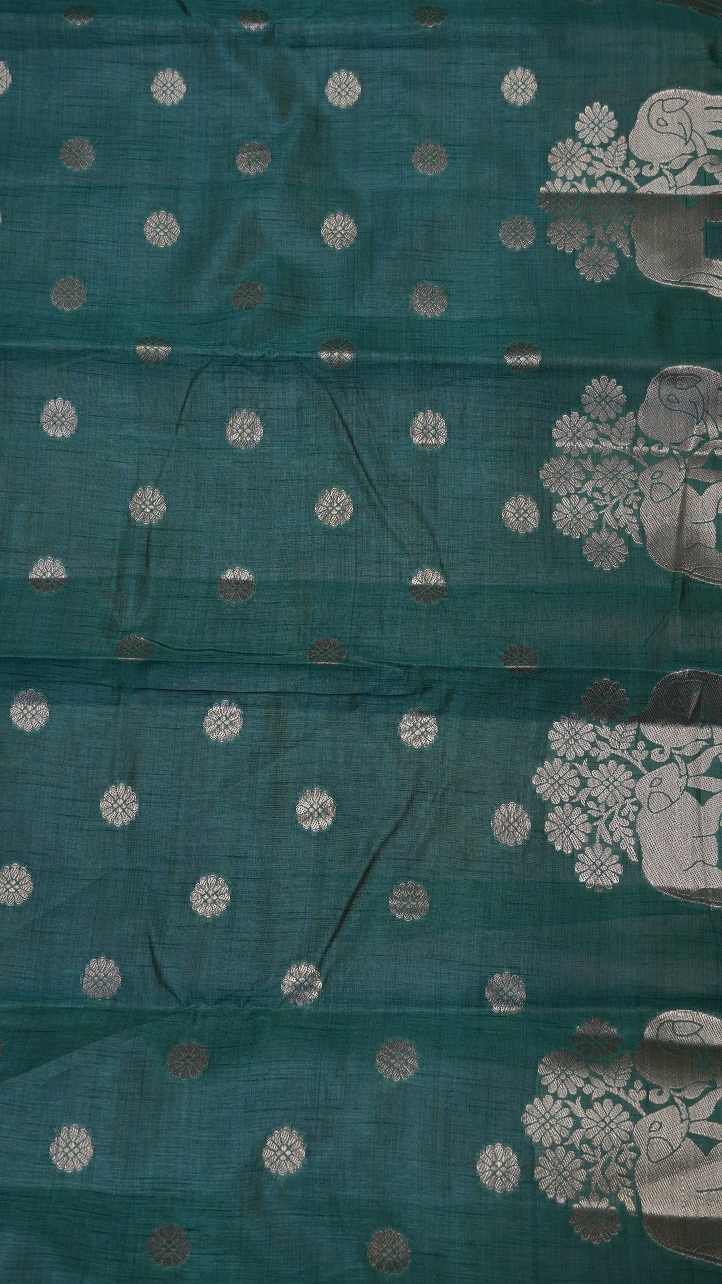 Semi Tussar Saree - Elephant Butta- Metallic Green