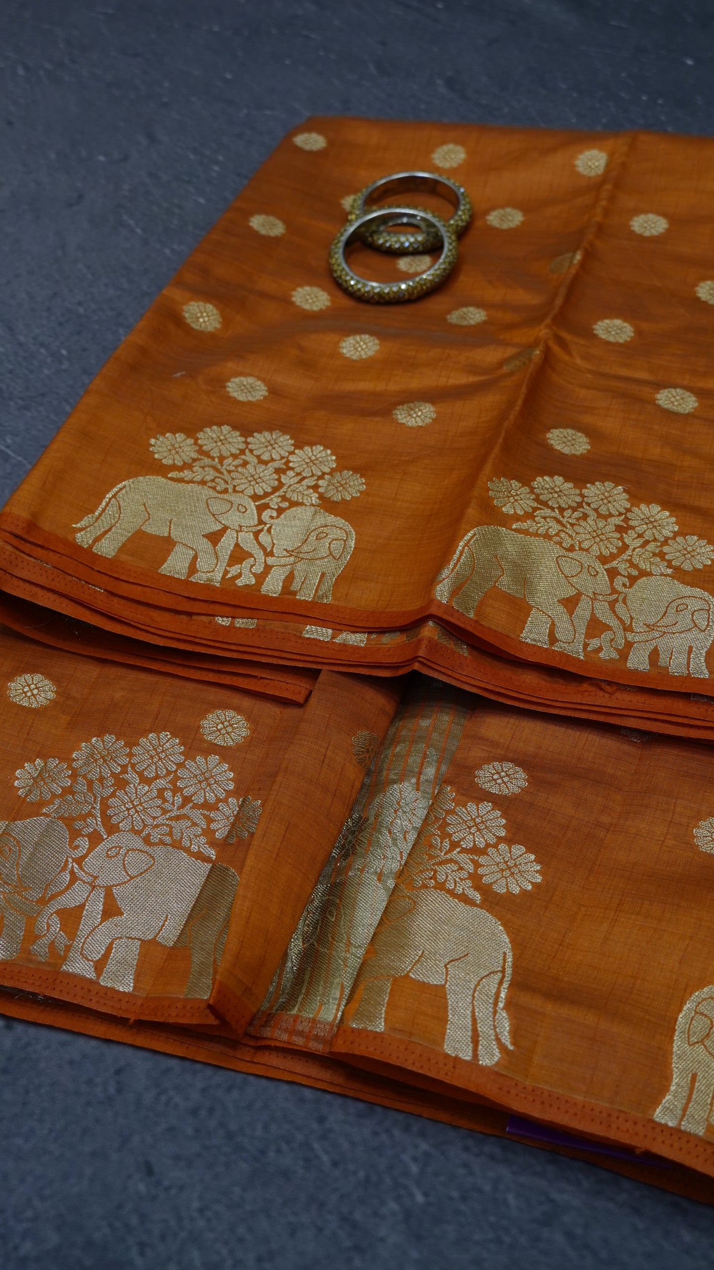 Semi Tussar Saree - Elephant Butta- Orange