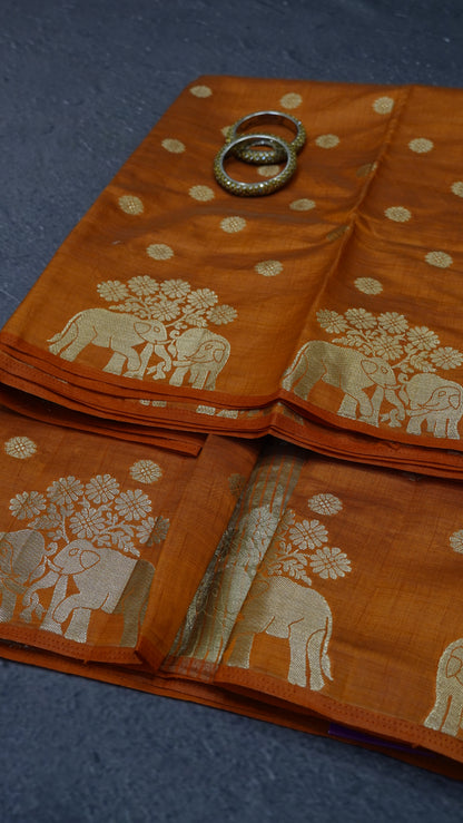 Semi Tussar Saree - Elephant Butta- Orange