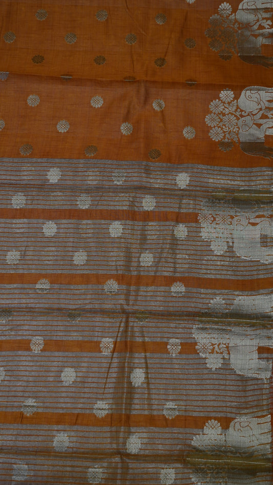 Semi Tussar Saree - Elephant Butta- Orange
