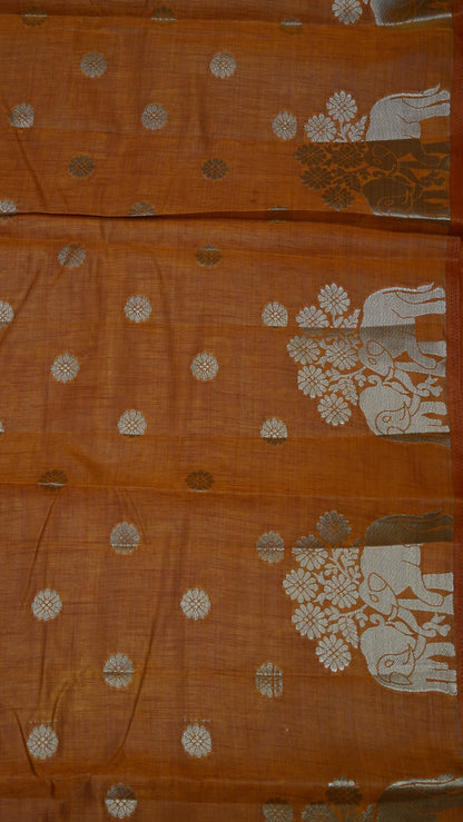 Semi Tussar Saree - Elephant Butta- Orange