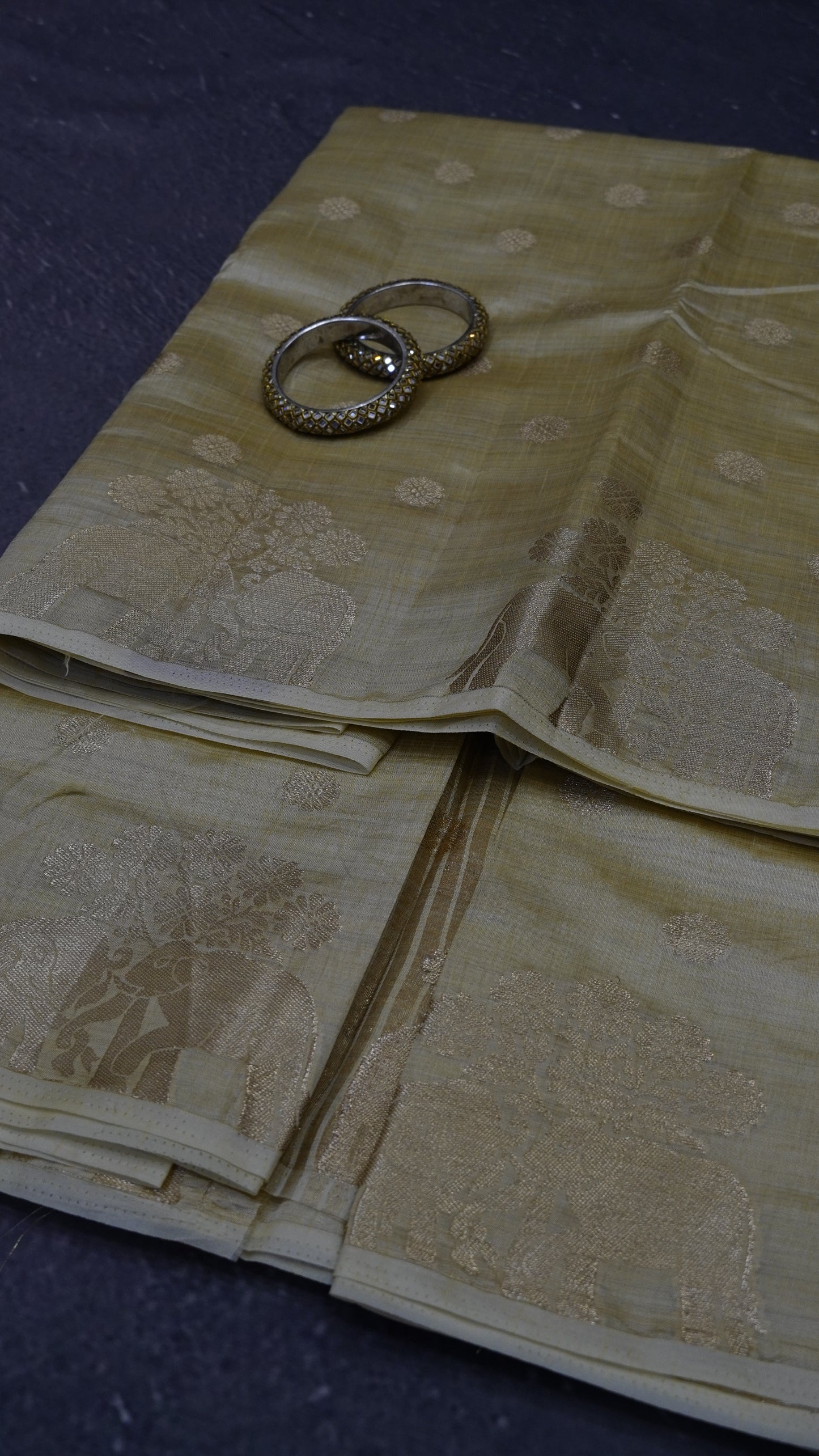 Semi Tussar Saree - Elephant Butta- Off White