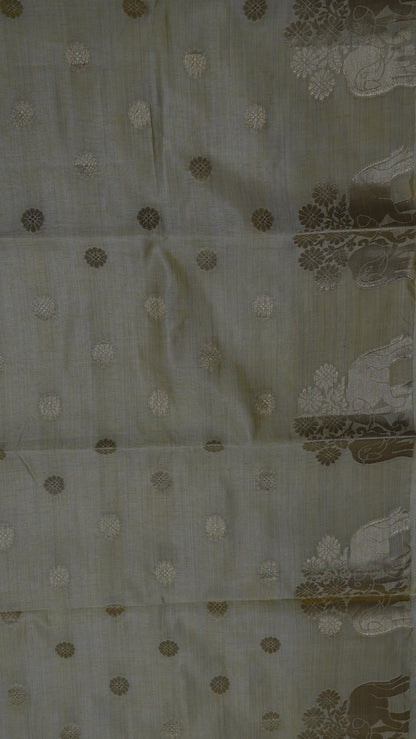 Semi Tussar Saree - Elephant Butta- Off White