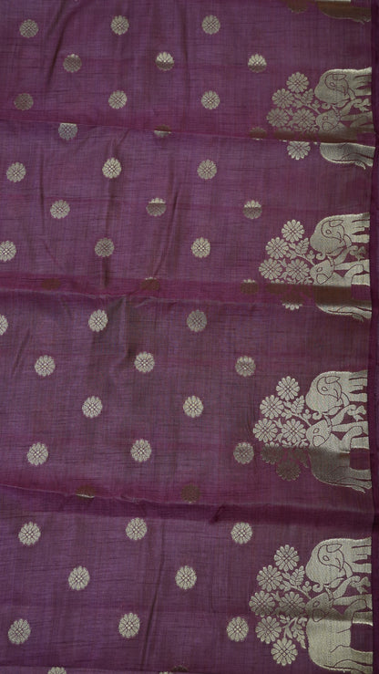 Semi Tussar Saree - Elephant Butta- Light Arakku