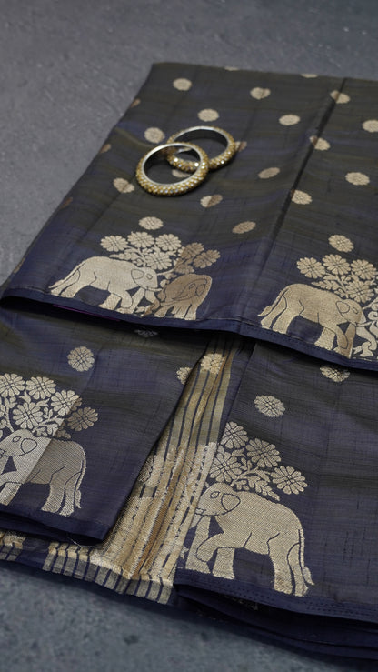 Semi Tussar Saree - Elephant Butta- Navy Blue