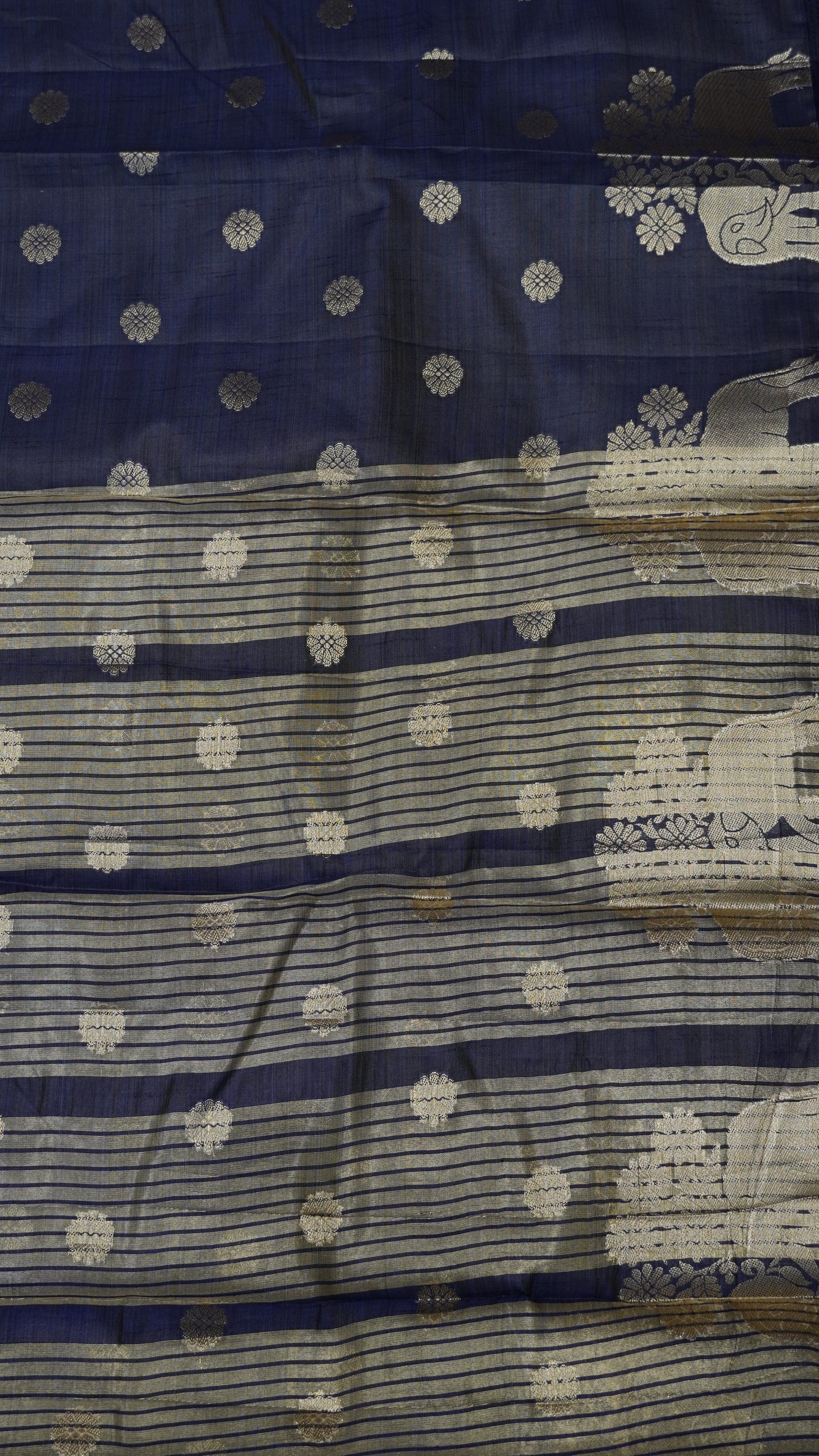 Semi Tussar Saree - Elephant Butta- Navy Blue