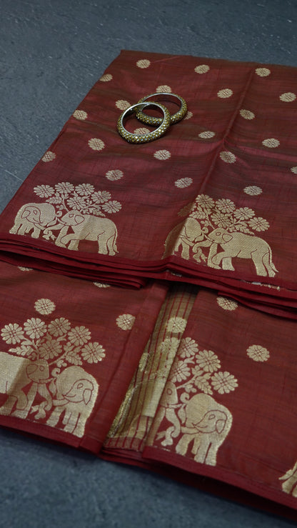 Semi Tussar Saree - Elephant Butta- Maroon