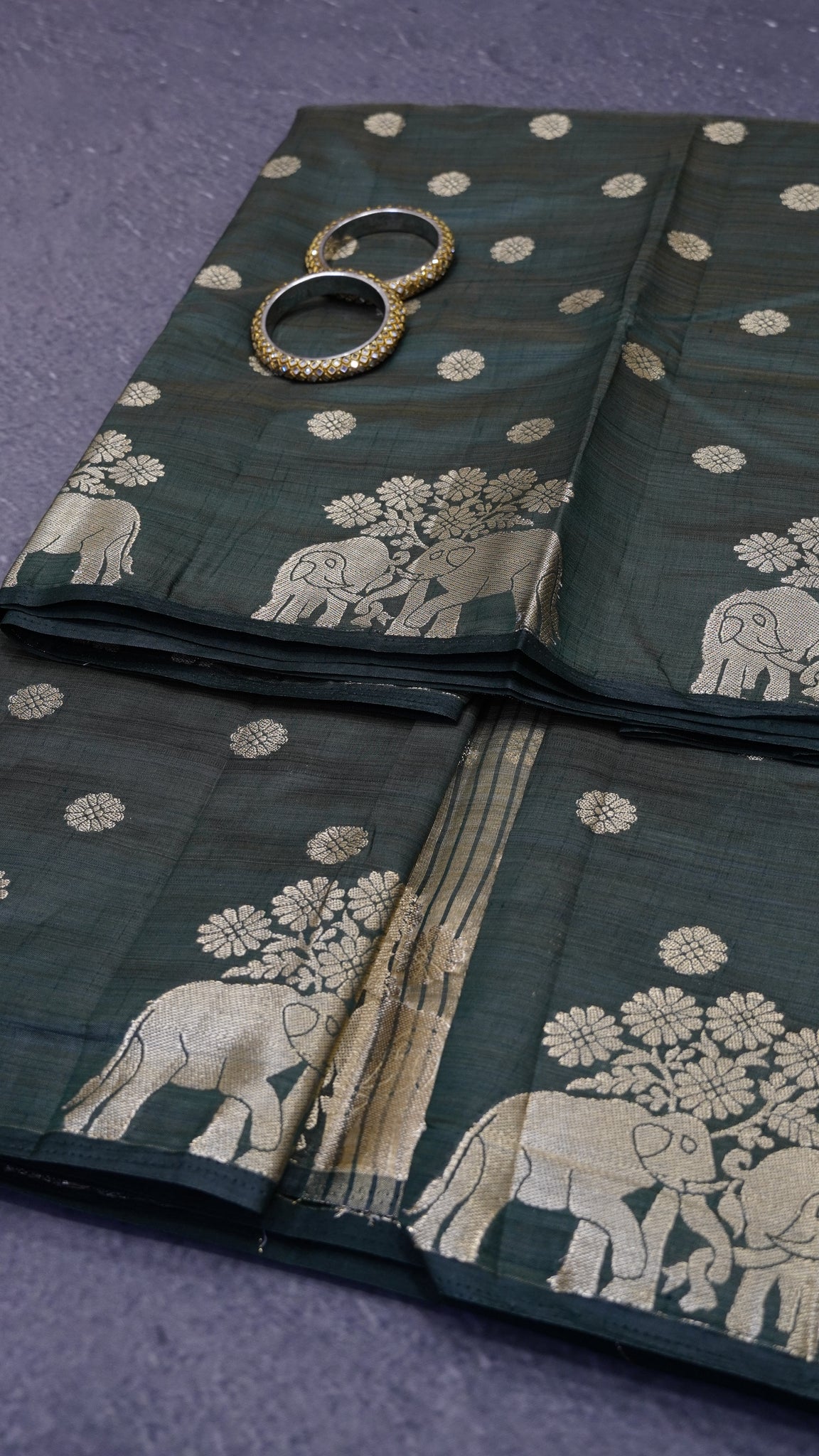 Semi Tussar Saree - Elephant Butta- Bottle Green