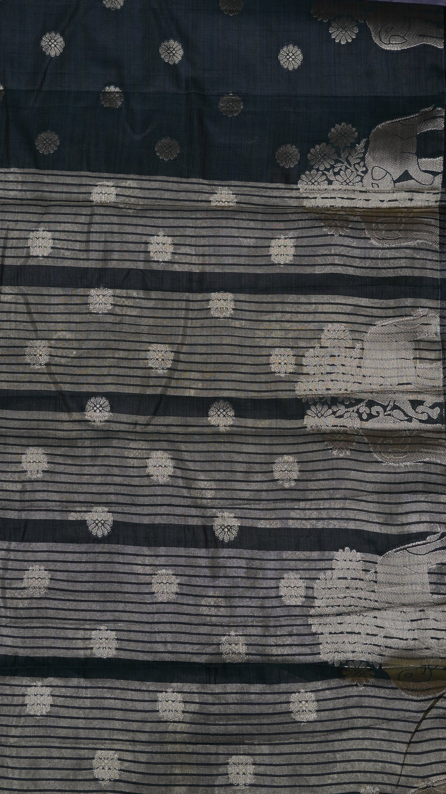 Semi Tussar Saree - Elephant Butta- Bottle Green